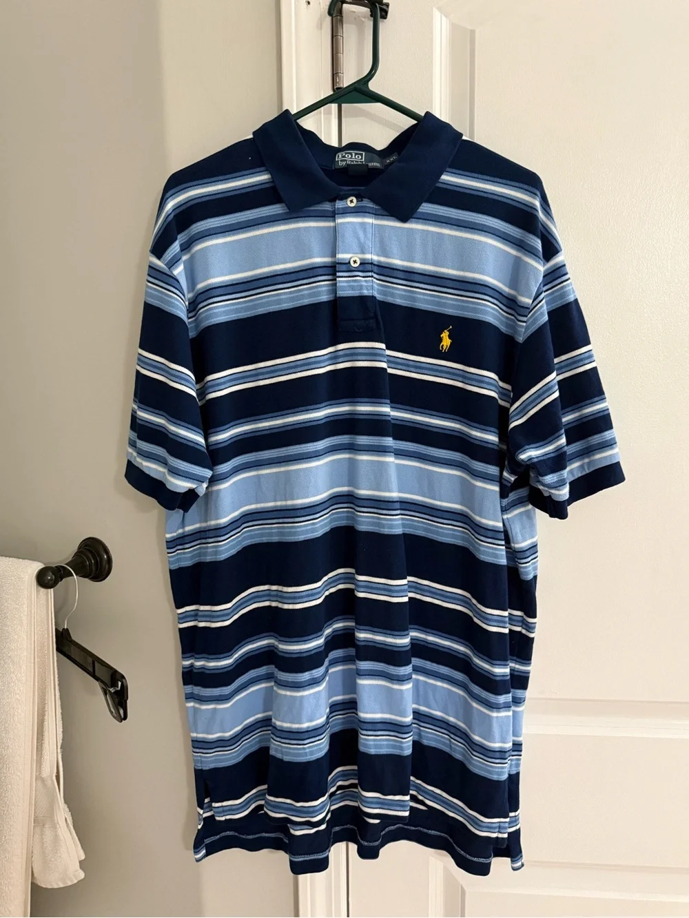 Ralph Lauren Striped Polo in Navy and Light Blue with Yellow Pony - Picture 1 of 2